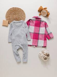 SHEIN Babygirl Plaid Woolen Jacket & Knitted Gray Long Sleeve Jumpsuit Set, Autumn/Winter Fall - Multicolor - View 2
