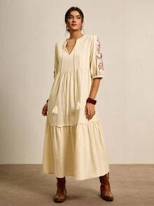 Vestido largo de mujer talla grande con estampado tropical de plantas en rosa y verde, vestido casual suelto con cuello en V y lazo, manga larga, para principios de otoño - Beis - Ver 8