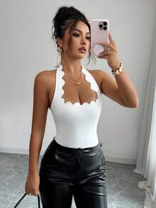 Gloray Bộ đồ liền thân hở lưng màu đen viền bèo nhún gợi cảm dành cho nữ, ôm vừa vặn - trắng - Xem 6