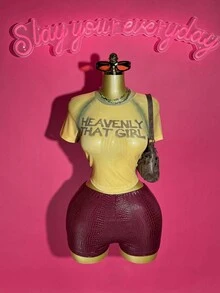 Slaydiva 女式 Y2K 字母印花修身短袖上衣和短裤两件套，夏季 - 彩色 - 查看 4