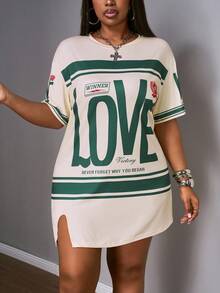 Slaydiva Plus Size Early Spring Vacation Casual Pink Side Slit Drop Shoulder Short Sleeve Dress