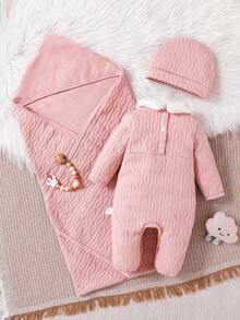 SHEIN Playful Pals 3 件套新生儿服装，包括连体衣、蝴蝶刺绣衬垫连体衣和帽子，休闲简约设计，长袖，连脚裤，适合秋冬季 - 淺粉色 - 查看 2