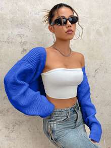 EURMUSE Y2K Grunge Drop Shoulder Open Front Crop Cardigan Without Tube Top - Blue - View 5