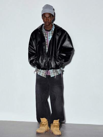  MODCRASH 男士时尚宽松短款连帽PU皮夹克，廓形服装，秋季街头风夹克