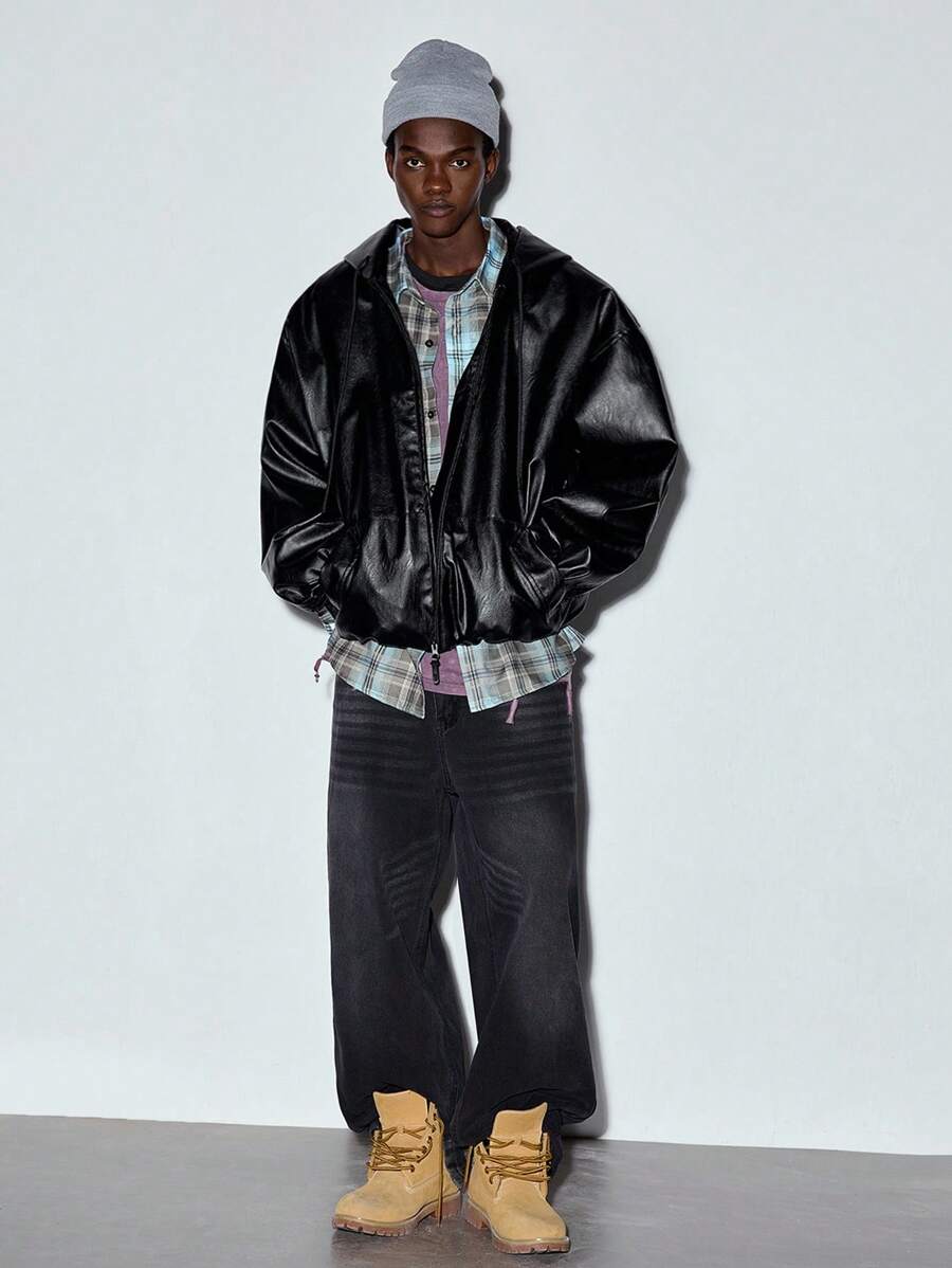 MODCRASH Men's Fashion Loose Short Hooded Pu Leather Jacket, Boxy Clothing, Fall, Streetwear Jacket - Black - View 1