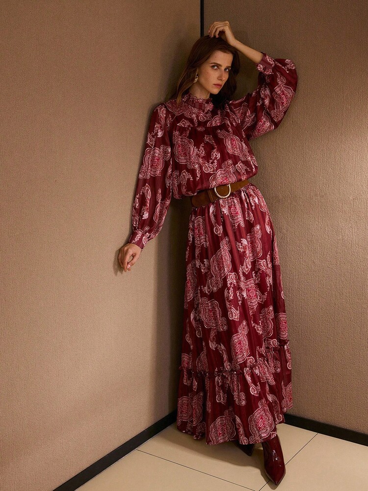 ALLOVER PRINT ELASTIC WAIST FRILL TRIM RUFFLE HEM SKIRT WITHOUT BELT