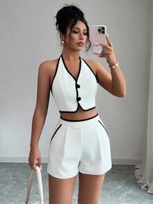 Selianne Bộ đồ 2 món hở lưng phối màu tương phản gợi cảm mới cho nữ mùa hè - trắng - Xem 6