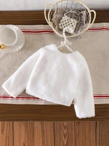 Souflis Souflis Toddler Girls' Cute White Bow Plush Long Sleeve Comfortable Autumn/Winter Jacket Fancy Baby Girl Clothes Fall