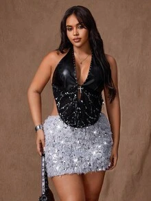 Rustia Plus Size Cute & Sweet A-Line Sequin Embellished Minimalist Skirt - Grey - View 7