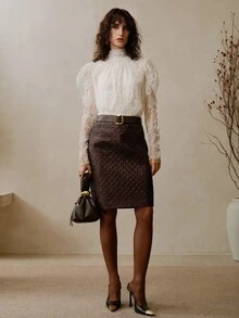 EMERY ROSE Chân váy ngắn H-Line bằng da chần bông cạp cao thanh lịch dành cho nữ, Thu/Đông - Màu Đỏ Sâu - Xem 5