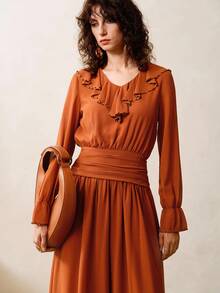SHEIN Revavyn Women's Elegant Chiffon V-Neck Ruffle Long Dress,Burnt Orange Autumn Beaded Pleated Tea Party Date Retro Western Country Concert Outfit - Rust Brown - View 1