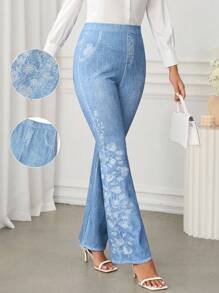 Ellevyn Women's Faux Denim Print Knit Elastic Waist Metallic Zipper Embroidered High Waist Elegant Casual Pants, Spring/Summer - Blue - View 2