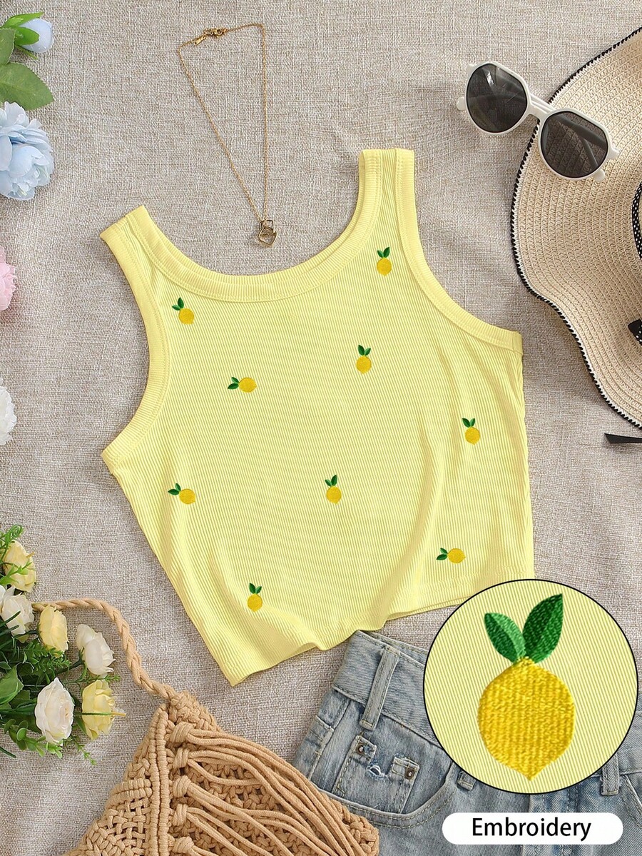 INAWLY Plus Size Women Lemon Embroidery Decor Round Neck Tank Top - Yellow - View 1