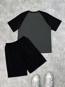 SHEIN Leap Crew 2件套青少年男孩夏季休闲插肩袖圆领字母印花T恤和短裤睡衣套装