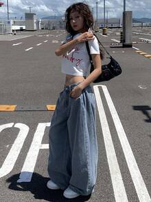 DAZY 女士做旧水洗阔腿牛仔裤 Y2k