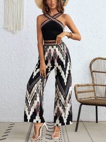 SHEIN VCAY Geo Print Wide Strap Top & Wide Leg Pants - Black - View 1