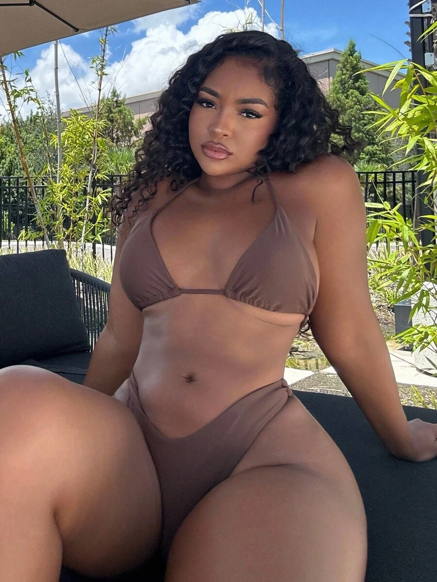 Alexandranx Bãi biển mùa hè Màu trơn đơn giản dành cho nữ Bộ đồ bơi & quần bơi dưới Bộ đồ tắm - Cà phê nâu - Xem 1