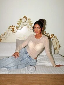 SHEIN SXY Shiny Sheer Mesh Long Sleeve Sexy Bodysuit, See Through Top, Mesh Top, Transparent Top, Sheer Top, Rhinestone Bodysuit,Mesh,Party,Club,Going Out,Sexy,New Year,Thanksgiving