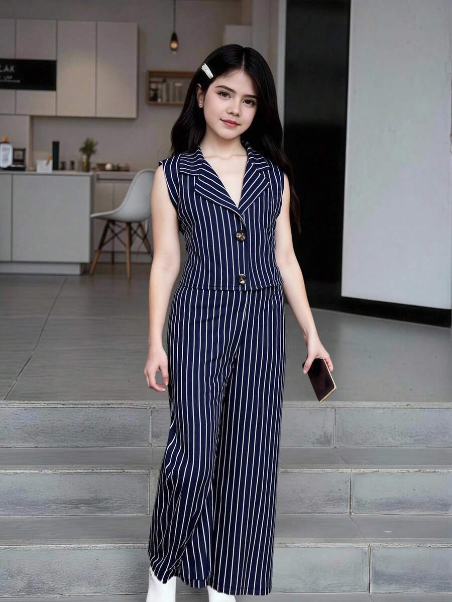 女童条纹印花无袖上衣和长裤两件套 - 藏蓝色 - 查看 1