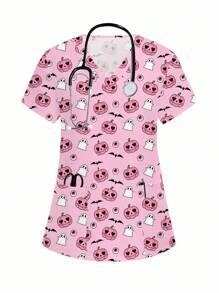 PopScrub Áo đồng phục in hình bí ngô và ma Halloween - Nhiều màu - Xem 1
