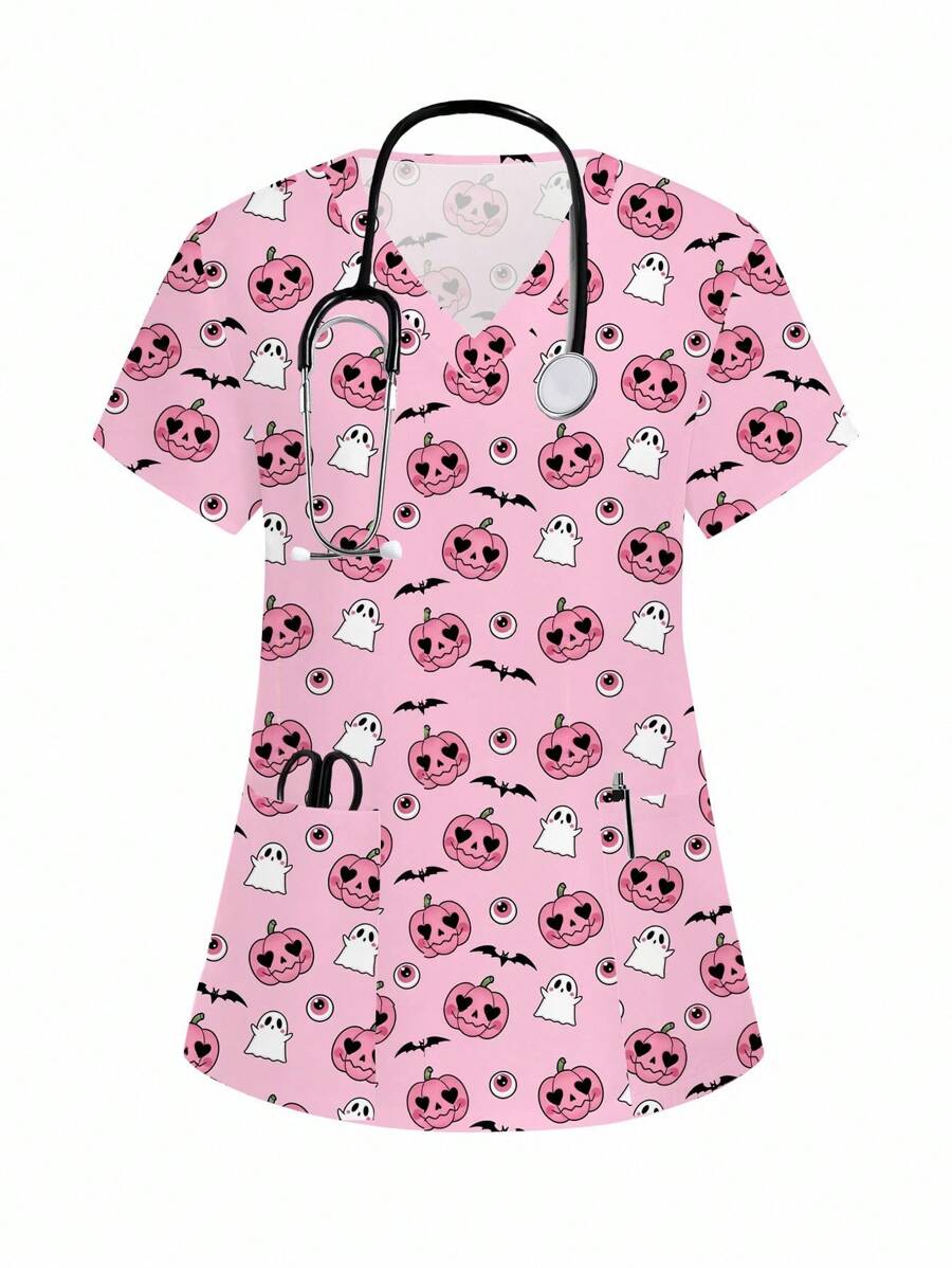 PopScrub Áo đồng phục in hình bí ngô và ma Halloween - Nhiều màu - Xem 1