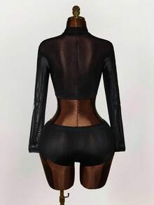 Amplova Halloween Pumpkin Element Glow-In-The-Dark Mini Sheer Cropped 2 Pieces Set For Women Gothic Two Piece Set Skeleton Two Piece Set Women - Multicolor - View 4