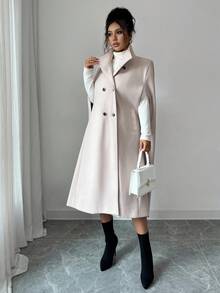 Elenzga معطف أنيق طويل بدون أكمام وياقة عالية للنساء باللون البيج، مناسب للخريف والشتاء وأعياد السنة الجديدة وعيد الشكر وعيد الميلاد - لون مشمشي - مشاهدة 3