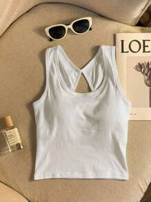 INAWLY Áo ba lỗ cổ tròn hở lưng màu trơn đơn giản dành cho nữ - trắng - Xem 3