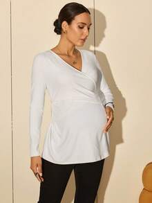 MaterniWear 孕妇职场上衣，商务休闲女装，秋季，孕妇秋季休闲纯色裹身哺乳上衣，适合孕妇、哺乳期妇女、产后妇女，白色女式上衣 - 白色 - 查看 5