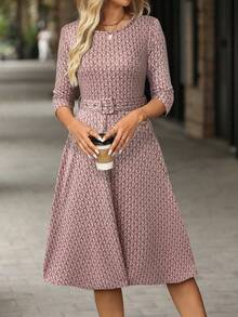 Editum Vestido midi de línea A con cintura ajustable, cintura ceñida y estampado geométrico de cuadros de colores vintage elegante para mujer