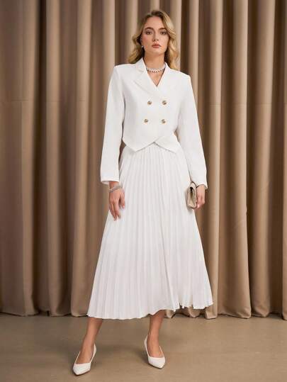 女士简约优雅甜美白色纯色长袖夹克和裙子两件套