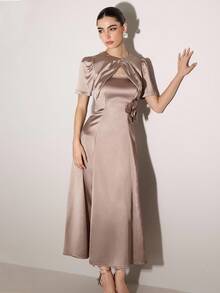 Modelyn Women's Solid Color 3D Floral Decor Elegant Mid-Length Dress