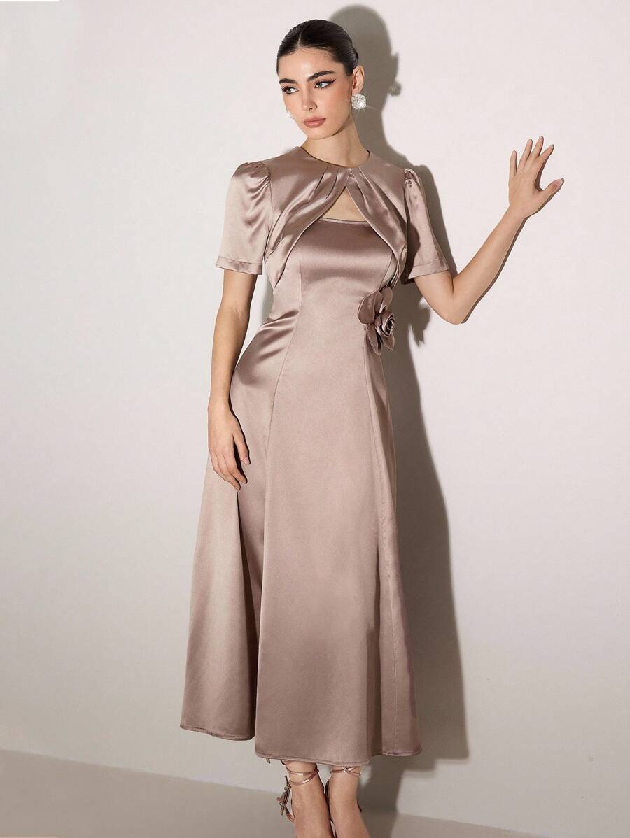 Modelyn Women's Solid Color 3D Floral Decor Elegant Mid-Length Dress