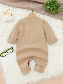 Infant Knitted Romper, Autumn/Winter Round Neck Pullover Sweater Jumpsuit, Cute Lion Jacquard Design, Snap Closure At Shoulders And Feet