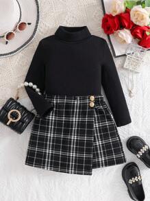 Emery Rose Kids Emery Rose Kids 女童可爱针织黑色长袖上衣和格子松紧腰短裤套装，休闲优雅的日常服装，秋冬 - 黑色 - 查看 2