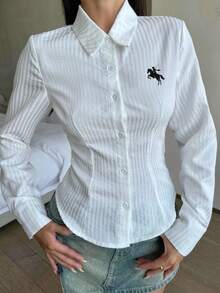 SHEIN 少女白色修身衬衫、弧形下摆、纹理衬衫、条纹衬衫、学院风衬衫、白衬衫、百搭百搭衬衫、少女衬衫 - 白色 - 查看 7