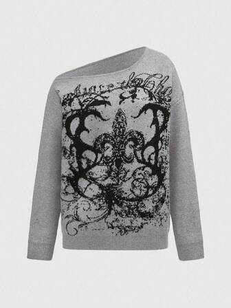 Grunge Punk Y2K dystopischer Punk Vintage Ranken Muster asymmetrischer Schulter Langarm locker gestrickter Pullover