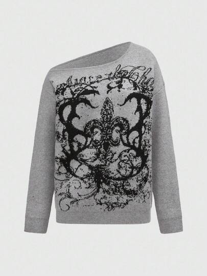 Grunge Punk Pull ample à manches longues, motif de vigne vintage punk dystopique Y2K, épaule asymétrique