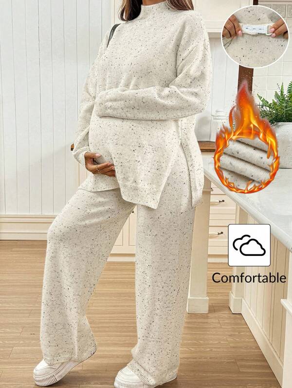 SHEIN Pregnant Women's Polka Dot Jacquard Casual Stand-Up Collar Side Slit Sweater And Knitted Pants Set, With Adjustable Waistband. Autumn And Winter Sweater For Women Fall Women Clothes Fall Sweaters Maternity Sweater Two Pieces Set Beige Winter Maternity Lounge Sets 2 Pieces Maternity Set Maternity Sweater Sets Comfy Maternity Sets Maternity Loungewear