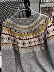 SHEIN Franclia 全新休闲舒适费尔岛圆领圣诞氛围撞色菱形花纹套头毛衣，百搭减龄，女士适用 - 彩色 - 查看 4