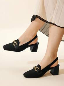 CUCCOO BASICS 女士时尚黑色针织金属扣后带粗跟方头露跟浅口鞋，适合通勤、约会、派对、度假 - 黑色 - 查看 2