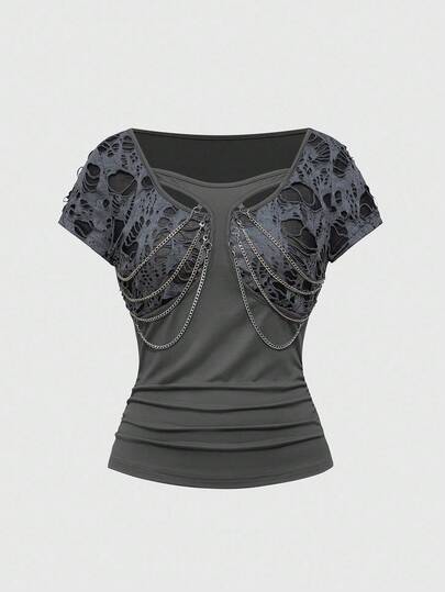 Grunge Punk Women's Black Punk Chain Pleated Design T-Shirt