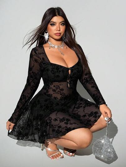 Viva Relle Abito aderente in maglia floccata da donna, taglia comoda, adatto per autunno/inverno/estate, abito mini sexy da festa con maniche lunghe e decorazione con fiocco, adatto per l'uso quotidiano