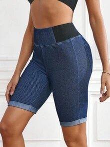 Flexra Damskie letnie, swobodne, obcisłe szorty jeansowe z wysokim stanem i mankietami u dołu - Ciemny jeans - Zobacz 3
