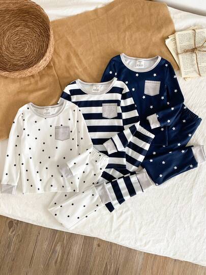 6pcs/Set Young Boy Thin Tight-Fitting Pajamas, Cute Simple Striped & Star Print Long Sleeve Top And Pants, Casual Loungewear For Autumn/Winter