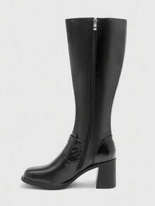 CUCCOO BIZCHIC Women's Fashion Over-The-Knee Boots, Square Toe Chunky Heel Design, Solid Black Color, Side Zipper With Multi-Strap Decor, Versatile For Skirts, Jeans, Coats, Suitable For Autumn/Winter, Fashion Shows, Commuting, Stylish Ladies Tall Boots - Black - View 9