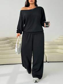 Solflare 大码休闲纯色斜肩上衣和裤子两件套，秋季两件套家居套装女女士两件套休闲两件套舒适两件套 - 黑色 - 查看 4