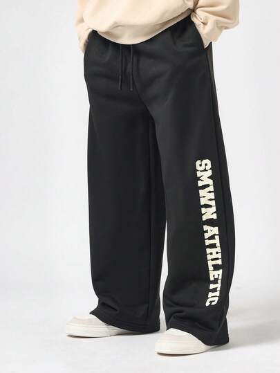 SUMWON 男童运动休闲阔腿裤，侧边印有文字图案和三星印花，抽绳腰带，适合秋冬季穿着