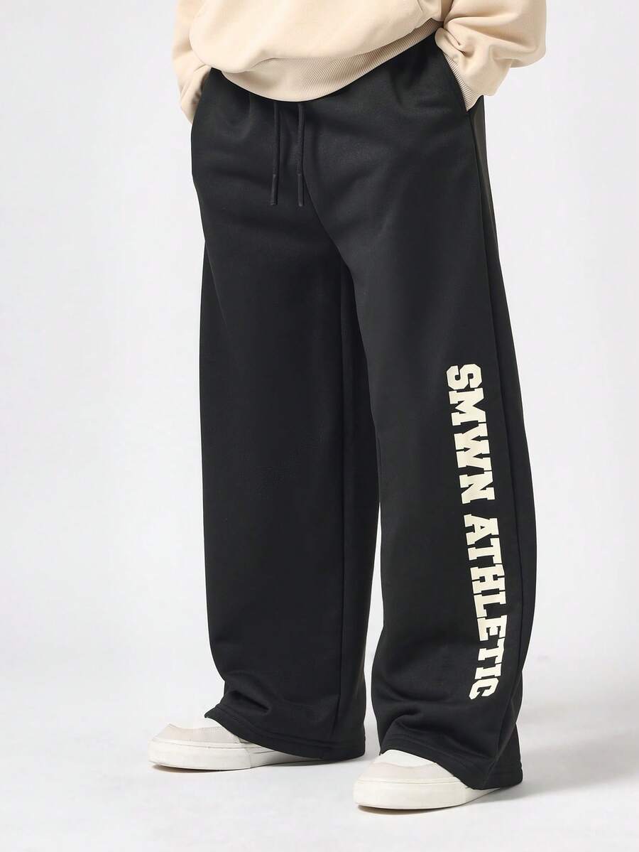 SUMWON 男童运动休闲阔腿裤，侧边印有文字图案和三星印花，抽绳腰带，适合秋冬季穿着 - 深灰色 - 查看 1