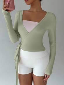 FavEase 粉色瑜伽健身运动高弹柔软裹身 V 领长袖短款紧身 T 恤，时尚简约休闲优雅基本款衣橱必备设计，适合女性，春秋季 - 薄荷綠 - 查看 4